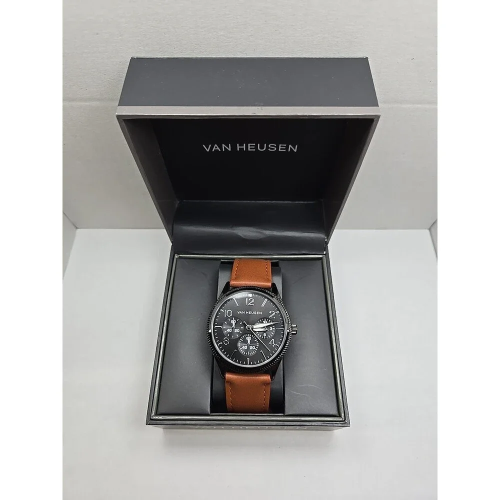 Van Heusen VAN5704RO Mens Black Multi Dial Leather Quartz Watch New Battery